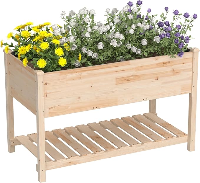 Raised Garden Bed with Legs, 47.2x23.6x30in Wooden Raised Garden Box with Bed Liners, Storage Shelf for Outdoor Garden, Patio, Elevated Wood Planter for Vegetables, Fruits, Flowers
