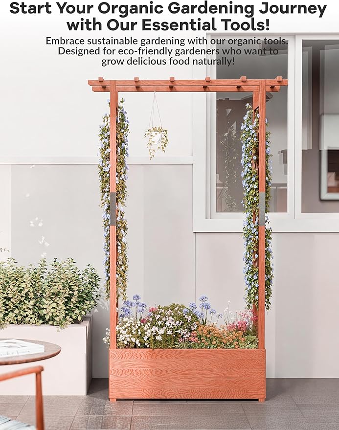 Raised Garden Bed with Trellis, Wood Planter Box with Hanging Roof & Drainage, Elevated Garden Bed for Climbing Plants, Vegetables, Flowers