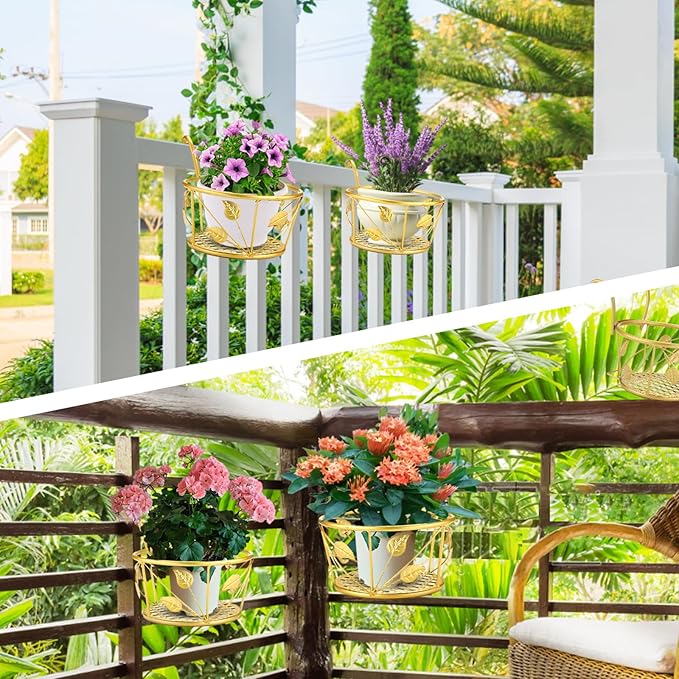 3 Pack Hanging Planter Holders for Balcony Railings Heavy Duty Metal Flower Pot Stands for Indoor Outdoor Use Deck Fence Garden Patio Porch Railing Plant Hangers (Golden)