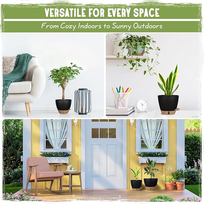 Self-Watering Pots for Indoor Plants 4 Pack, 6/8/10/12 Inch Outdoor Planters with Water Level Indicator&Deep Reservoir, Decorative Flower Pots for Indoor Plants,Home Decor (Black, 12+10+8+6 inch)