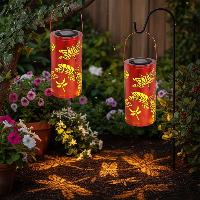 12.8" Large Size 2-Pack Outdoor Solar Lanterns Waterproof Metal Dragonfly Patterns Garden Decor Gifts for Women Mom Grandma Hanging Solar Lanterns for Outside Yard, Patio, Backyard, Porch