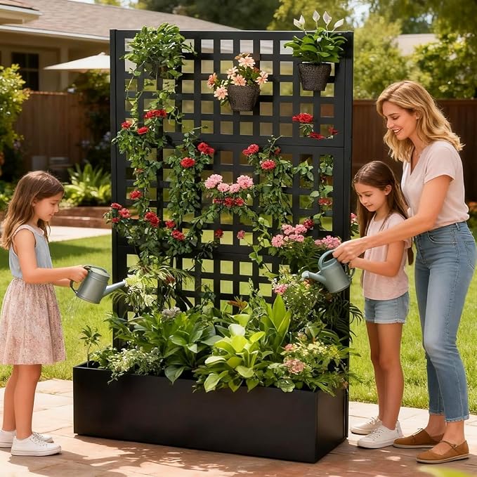 Metal Raised Garden Bed with Trellis, Vegetable and Flower Garden Boxes, Black Planter Box with Trellis for Climbing Plants Vegetable Outdoor Indoor, Large 1Pc