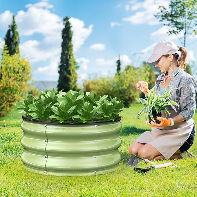 Galvanized Raised Garden Bed, 2pcs 2x2x1 FT Round Planter Box for Outdoor, Raised Beds for Gardening Vegetables Flower Herb(Pearl White & Sage Green)