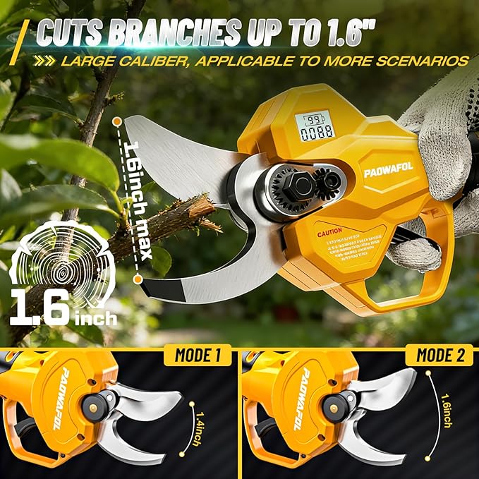 1.6"/ 41mm Electric Pruning Shears, Cordless Electric Scissors LCD Display＆SK7 Blades, 21V Brushless Motor Branch Cutter with 2 PCS Rechargeable 2000mAh Batteries & 2 Blades (Yellow)