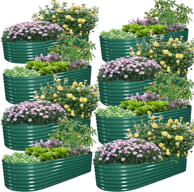 8 Pack 8x3x2FT Galvanized Raised Garden Bed Kit Oval Metal Ground Planter Box Outdoor Bottomless Planter Raised Beds for Vegetables Flowers Herbs Fruits, Green