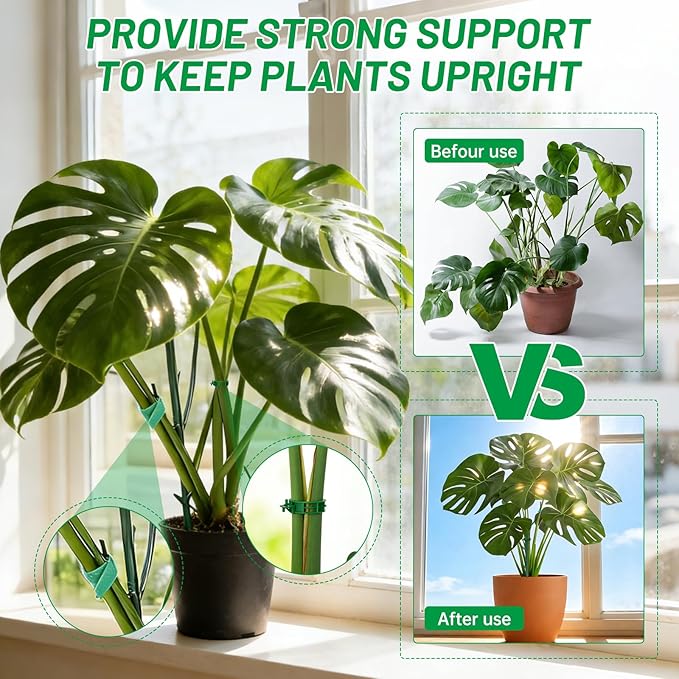 10 Pack Stackable Monstera Plant Support Stakes with 2 Rolls Velcro Ties & 20 Clips, Adjustable Plant Stakes for Indoor Plants, Plant Sticks Support Tall Pothos Climbing