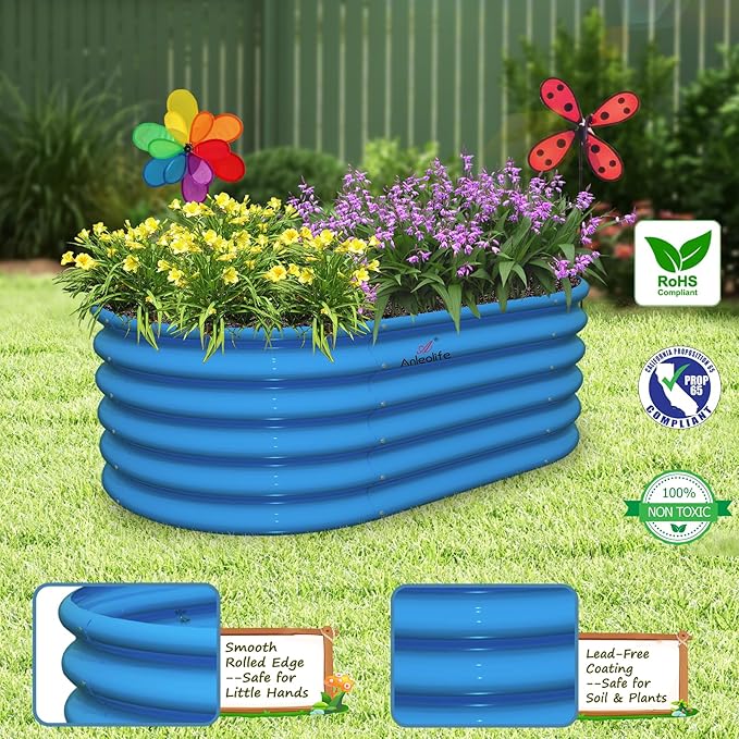 A ANLEOLIFE Kids Mini Raised Garden Beds Outdoor (3-Pack)-40x24x18in Oval Round Galvanized Metal Planter Box for Planting Vegetables, Flowers, Fruits, Eco-Safe & Easy Setup, Sky Blue