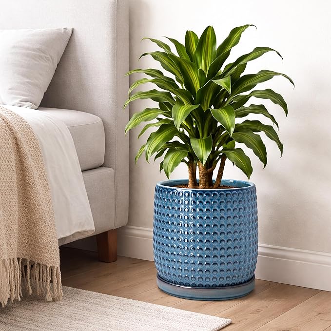 D'vine Dev 10 Inch Ceramic Beaded Stoneware Planter Pot - Flower Pot with Drainage Holes and Saucers for Indoor Succulent Plants or Flowers, Ocean Teal, 27-C-P-8