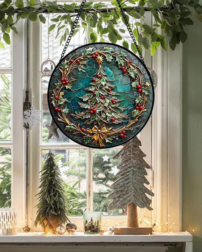 Stained Glass Window Hangings - Red Gold Green Wreath Suncatcher for Door Home Christmas Tree Decoration Sun Catcher Thanksgiving New Year Birthday Gift for Women Men Mom Grandma 11.8 in