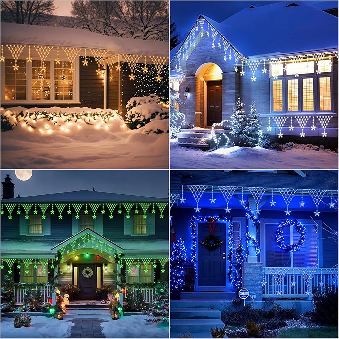Outdoor Christmas Decorations Lights 13.8ft 200 LED Christmas Lights with 12 Stars,Dimmable Curtain Fairy Light with 8 Modes for Wedding Party Holiday Christmas Decor(RGB)
