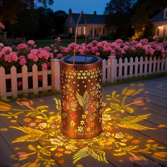 Sunflower Solar Lanterns Outdoor Waterproof, Metal Lantern Garden Lights with Color Projection, Garden Decor Gifts for Mom Women Mother Grandma, Hanging Solar Lights for Yard Porch Patio (Hummingbird)