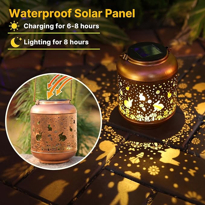 Rabbit Solar Lanterns Outdoor Waterproof,Garden Decor Solar Lights Bunny Gifts for Women Mom Grandma,Metal Outside Decoration Hanging Lantern for Yard,Porch,Patio,Landscape,Backyard,Lawn