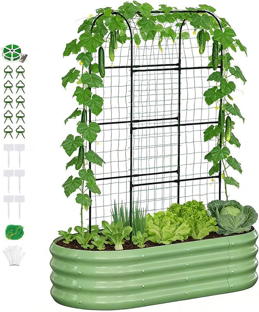 DoCred 2 in 1 Galvanized Raised Garden Bed, 1Pcs Garden Planter Box with 71" H Trellis for Climbing Plants, Outdoor Gardening Raised Beds with Climbing Net for Fruits, Vegetables, Flower (Green)
