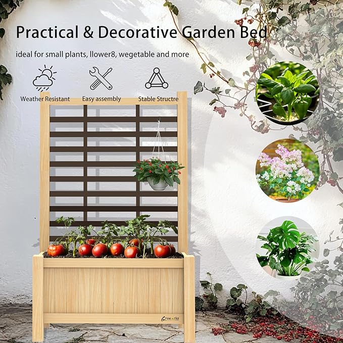 Raised Garden Bed Outdoor, Cedar Wooden Planter Boxes with Trellis, 17.7”L x 16.1”W x 27.6”H Raised Planter Box with Legs for Backyard, Patio, Balcony with Bed Liner (Natural)