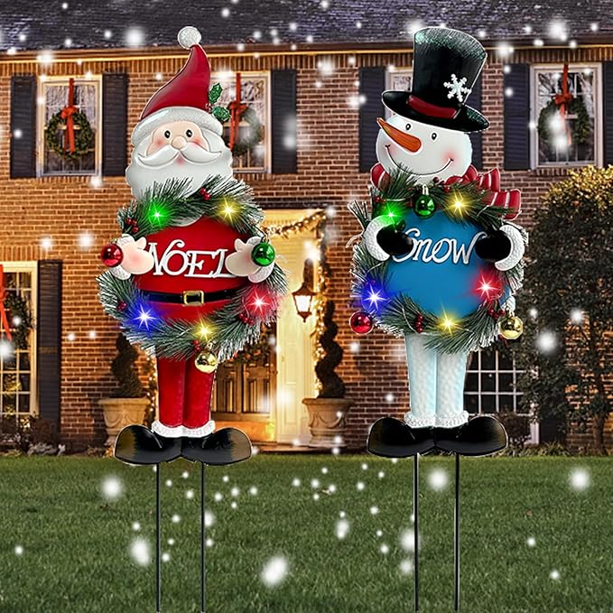 Solar Christmas Yard Decorations Outdoor - 2 Pack Metal Xmas Yard Signs 30” Snowman Santa Claus Lighted Garden Stakes with Colorful Lights for Garden Pathway Holiday Winter Lawn