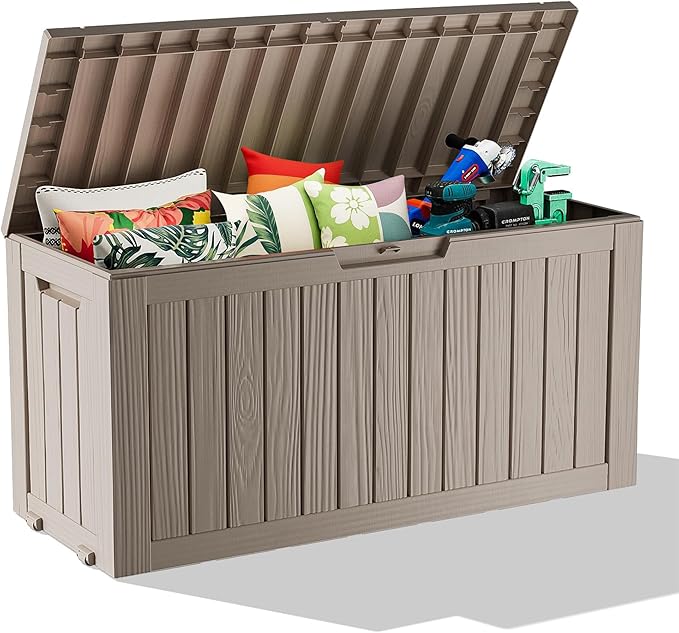 75 Gallon Waterproof Resin Deck Box, UV Resistant Outdoor Storage for Garden, Patio, Porch, Delivery（Grey，75 Gallon）