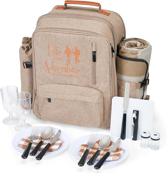 24L Insulated Picnic Basket Leak Proof Picnic Backpack for 2, Light Brown Camping Gifts, Cool Bridal Shower Gifts for Bride & Groom, Mr & Mrs, Anniversary Engagement Wedding for Newly Engaged Couples