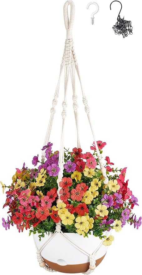 Mkono Artificial Fake Hanging Flowers Plants Basket for Outdoor, Outdoor Christmas Decor Faux Silk Daisy in 10 Inch Hanging Planter for Porch Home Patio Balcony Yard