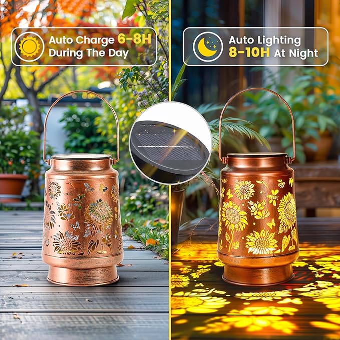 Homemory Christmas Gifts for Women Mom Grandma, Solar Lanterns Sunflower Lights Outdoor Waterproof Garden Decor, LED Hanging Solar Lights for Yard, Patio, Backyard, Porch, Lawn