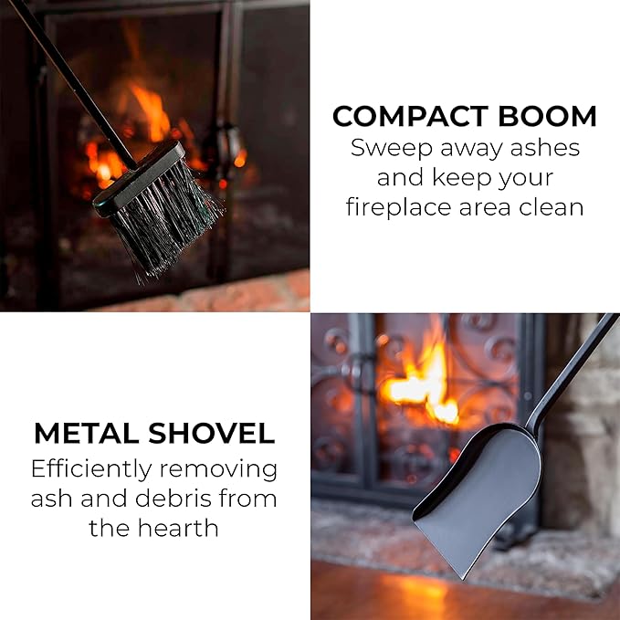Plow & Hearth 5 Piece Hand Forged Iron Compact Fireplace Tool Set 27.5" | Black Wrought Iron Handle for Outdoor Indoor | Stand Poker Shovel Brush Log Tongs Wood Stove Accessory