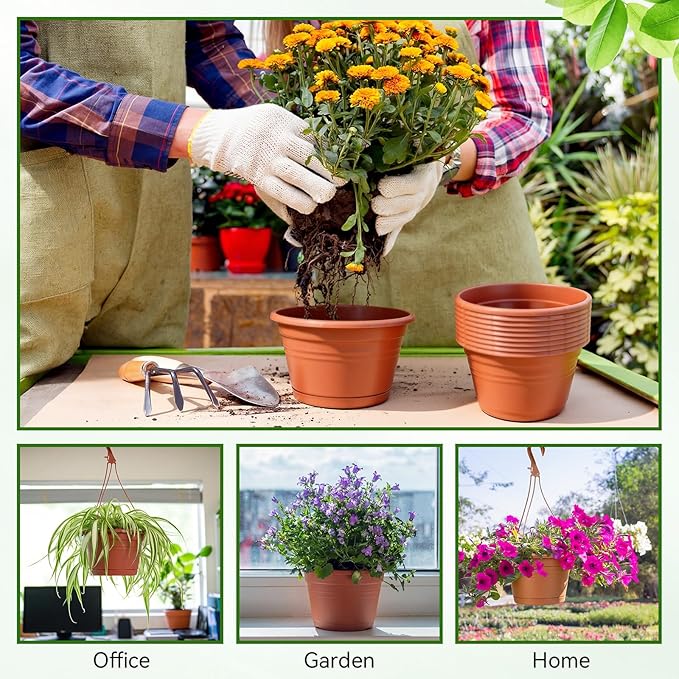 Roshtia 20 Pcs 10 Inch Hanging Baskets for Plants Large Plastic Hanging Basket Pots with Drainage Trays Self Watering Planter Pots for Outdoor Indoor Plants Flowers Garden Balcony (Brown)