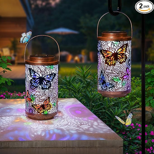 2Pack Solar Outdoor Lanterns Waterproof Butterfly Colorful Garden Gifts for Women, Multicolor Solar Outside Lights Lantern for Yard, Backyard, Porch, Mothers Day Gifts for Mom Grandma Wife