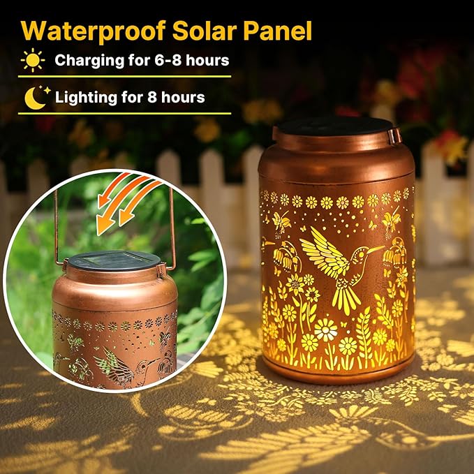 Hummingbird Solar Lanterns Outdoor Waterproof Hanging Hummingbird Solar Lights Metal Decorative LED Lantern Outside Decor for Garden,Yard,Patio,Lawn, Gifts for Women Mom Men Grandma 2Pack