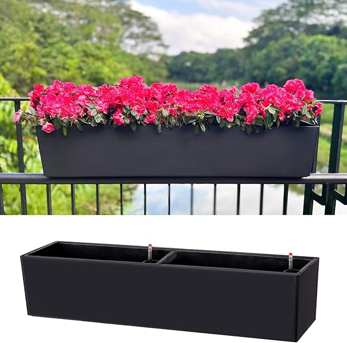 LaLaGreen Rail Planter for Balcony Outdoor (40 Inch, 1 Pack) Large Self Watering System Railing Planters with Brackets, Black Rectangular Window Hanging Flower Boxes Herb Plant Plastic Container Decor
