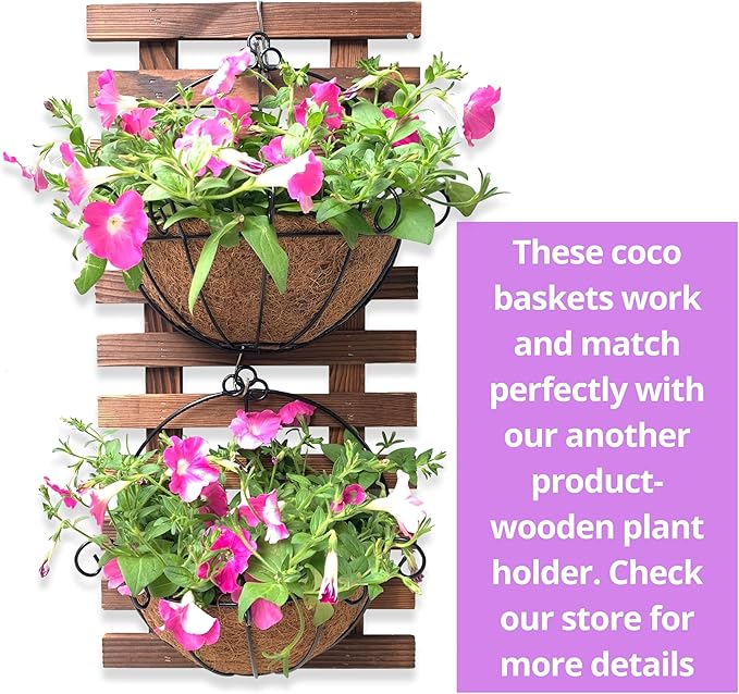 ShopLaLa Wall Hanging Planter for Outdoor Plants (6 Pack, 12 Inch) Wall Mounted Flower Baskets with Coco Liner for Outside Plant Fence Railings Pots Holder Balcony Deck Porch Modern Home Garden Decor