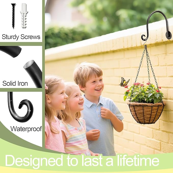 AJART Hanging Plant Hanger Outdoor: Bird Feeder Wall Hooks - 8 Inch Plant Bracket Hook for Hanging Flower Baskets 4 Pieces