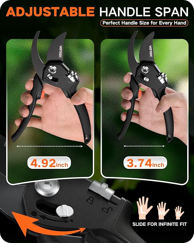 VOTREK 8.5" Pruning Shears for Gardening, 【Unique Stepless Handle Opening】Professional Bypass Garden Clipper for All Hands, SK5 Steel Blades, Heavy Duty Ergonomic Plant Pruners for Branch
