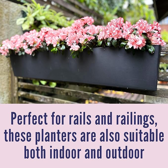 LaLaGreen Rail Planter Boxes for Outdoor (2 Pack, 40") Hanging Flower Pots with Bracket, Black Rectangular Self Watering System Deck Railing Herb Planters Outdoor Plants Container Rail Balcony Fence