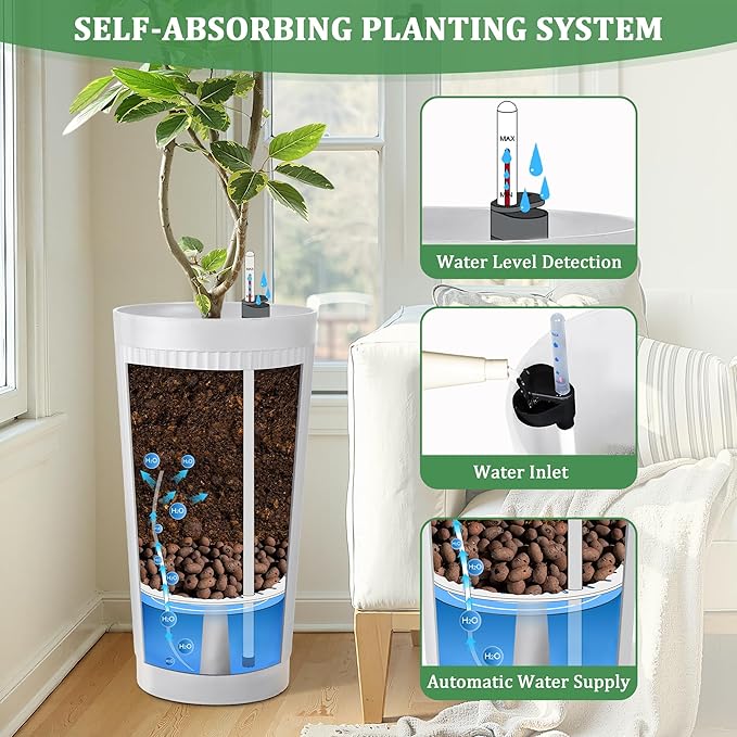 Set of 2 Tall Self-Watering Planters, 24" Large Planters with Water Level Indicator for Indoor & Outdoor Plants, Modern Planters for Garden, Patio, Balcony, Porch, White