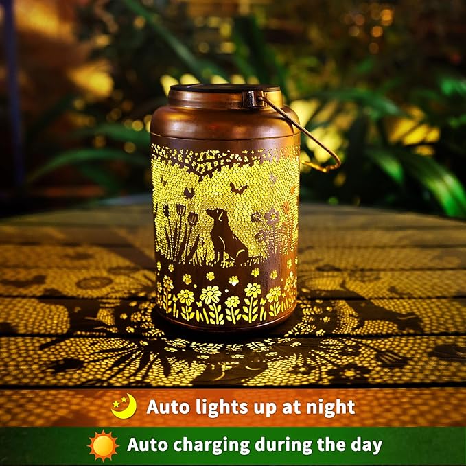 Solar Lanterns Outdoor Waterproof Garden Decor Dog Solar Lights Gifts for Women Men Mom Hanging Lantern LED Light Metal Dog Decoration Outside for Yard,Lawn,Porch,Patio,Tabletop