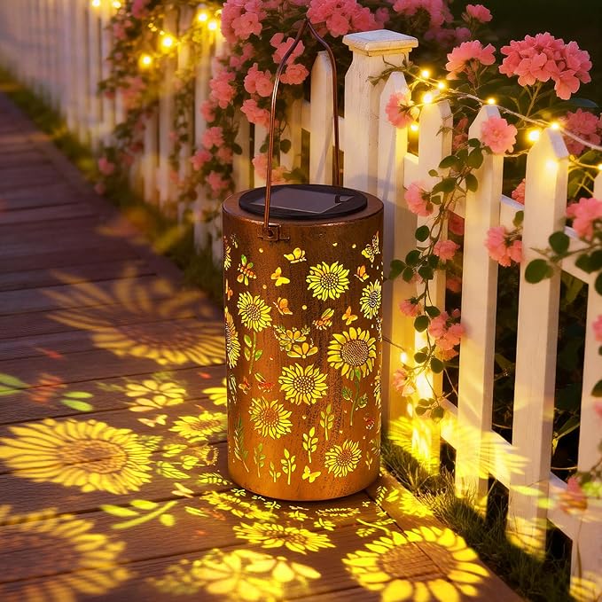 Sunflower Solar Lanterns Outdoor Waterproof, Metal Lantern Garden Lights with Color Projection, Garden Decor Gifts for Mom Women Mother Grandma, Hanging Solar Lights for Yard Porch Patio (Sunflower)