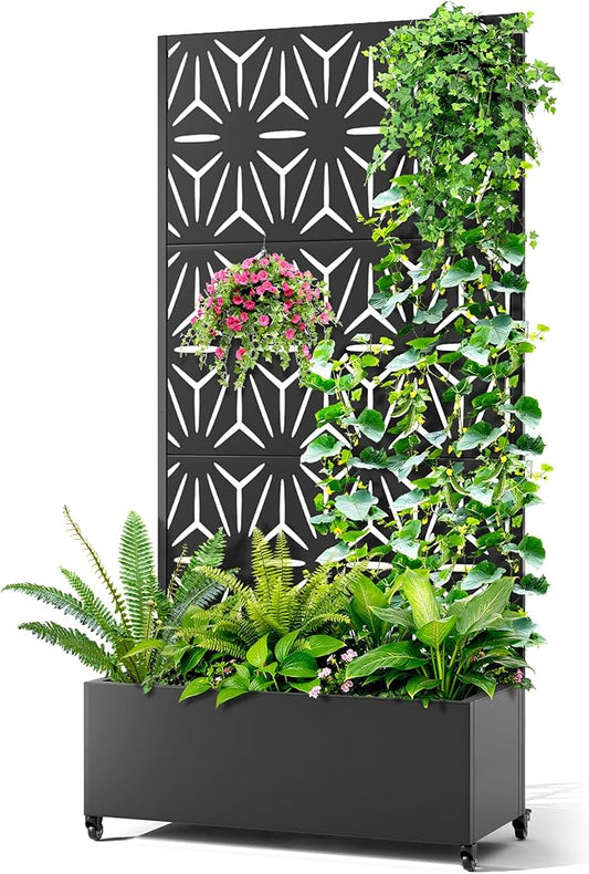 Metal Raised Garden Bed with Trellis, 2-in-1 Planter Box & Privacy Screen for Climbing Plants, Outdoor Standing Flower Bed with Drainage Holes, 35.4" L x 15.7" W x 70.1" H, Black-Star