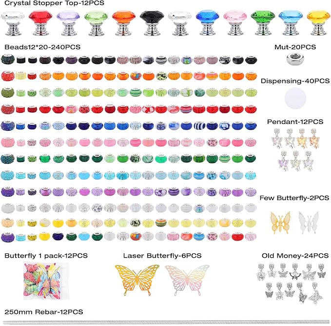 380Pcs Beaded Garden Stake, DIY Fairy Wand Beaded Decorative Butterfly Garden Stake Kit with 12IN Threaded Rod Crystal Stopper Top Large Holes Beads Butterfly Decoration Pendants Outdoor