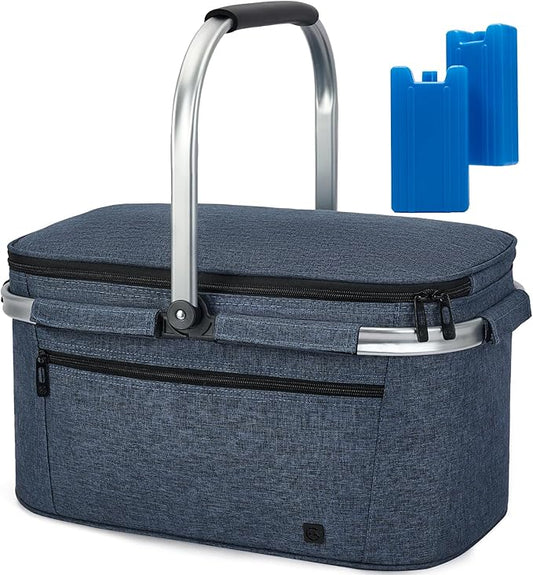 ALLCAMP Picnic Basket - 2 Ice Box Included 32L Insulated Cooler, Thickening Foldable Picnic Basket with Removable Baskets & Sewn-in Frame, Basket for House Warming Gifts New Home(Blue)