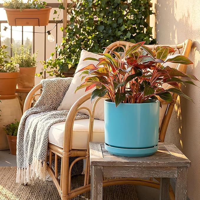 PLANTATOREM Ceramic 12 Inch Mid Modern Planter Pot with Drainage Hole and Saucer, Indoor Cylinder Round Flower Pot, Perfect for Planting Succulents, Herbs, Flowers, House Plants, Aqua Marine Satin