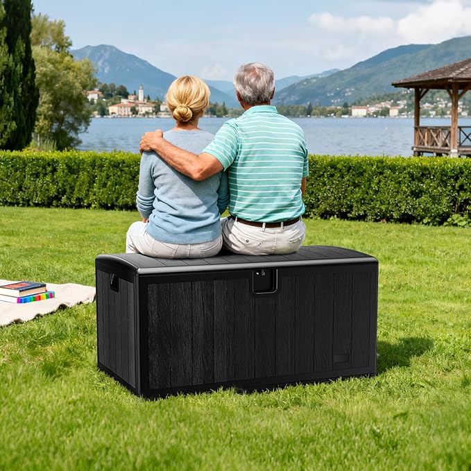 JEKO&JEKO 150 Gallon Outdoor Storage Box Set, 2-Pack 75 Gallon Plastic Deck Boxes with Lockable Lid for Patio, Garden Tools, Outdoor Cushions and Shoes, Black