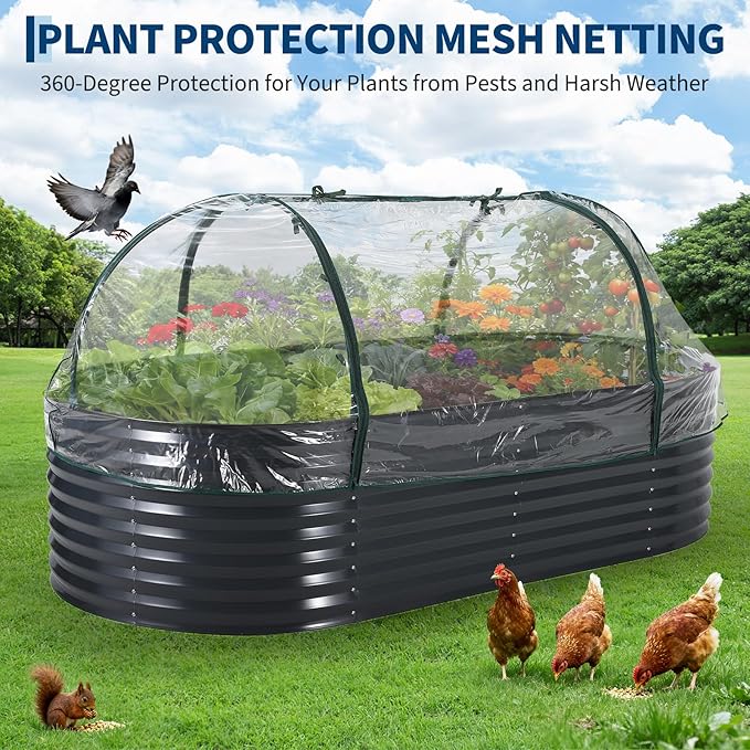 Galvanized Raised Garden Bed Kit with Cover Heavy-Duty Modular Metal Planter Raised Beds for Vegetables with Tool-Assisted Simple Assembly, Reinforced Panels & Optimal Drainage