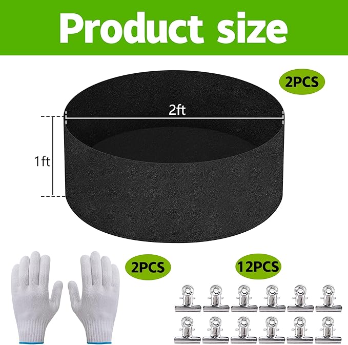 2 Sets 2 x 2 x 1 ft Raised Garden Bed Liner Bag, Breathable Grow Bed Fabric Liners with Clips and Gloves, Garden Box Non Woven Bag for Outdoor Plants Growth Keep Soil Isolation (Circular)