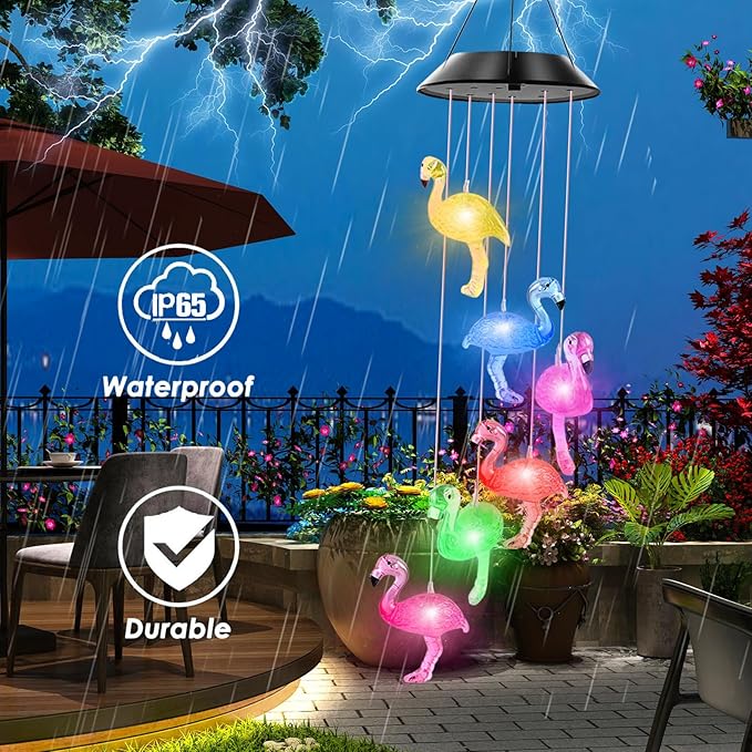 Solar Flamingo Wind Chimes,IP65 Waterproof Flamingo Lights with Color Changing LED Solar Wind Chimes, Light LED Black Cover Gift for Christmas Garden Decor Porch Decoration