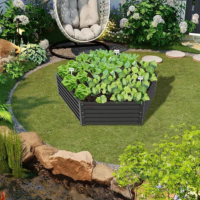 A ANLEOLIFE 6 Set Hexagon Galvanized Raised Garden Beds Outdoor,70x60x18in Metal Planter Box for Planting Vegetables Flowers Herb, Anti-Rust & Easy-Setup, Quartz Grey