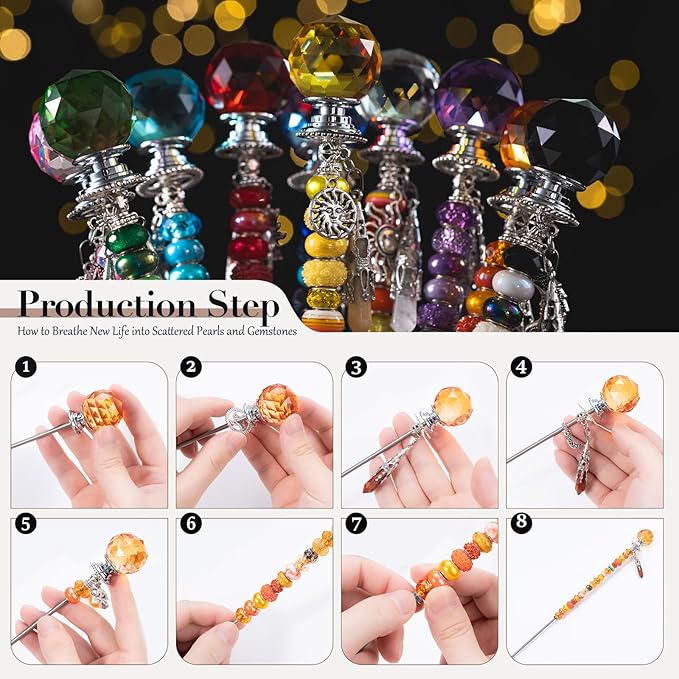260 Pcs DIY Beaded Garden Stakes, Fairy Wand 10-Pack Garden Decorative Kit with Healing Crystal Pendant, 12in Threaded Rods, Crystal Diamond Tops, for Spring Garden Outdoor&Indoor Decorations