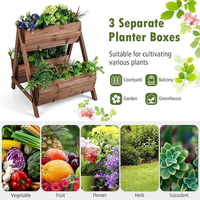 S AFSTAR 21-Inch Vertical Raised Garden Bed, 3 Tiered Wooden Planter Boxes 26" L x 29" W x 29" H, Drainage Holes, Indoor Outdoor Flowerbed, Freestanding Elevated Planter Box for Garden Flower Veggies