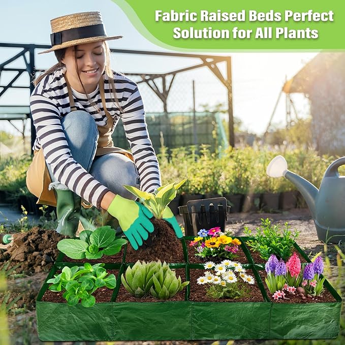 2Pcs Fabric Raised Garden Bed 8Girds Breathable Planting Containers and 4Girds Planters PE Planting Bed with Drainage Holes 128 Gallon Rectangle Garden Grow Bags for Outdoor Vegetables Fruits Flower