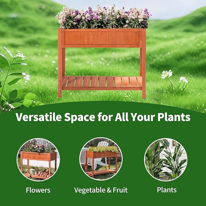Premium Fir Wooden Raised Garden Bed with Four Legs for Backyard and Balcony Gardening,Suitable for Indoor and Outdoor use,Bottom with Storage Rack,35.04''×13''×29.92''