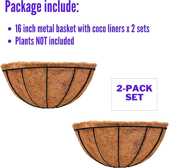 Maxona Wall Hanging Baskets,16 Inch 2 Pack Flower Planters for Outdoor Plants Wall Mounted with Coco Liner, Metal Iron Wire Holder for Window Herb Railing Fence Deck Balcony Porch Garden