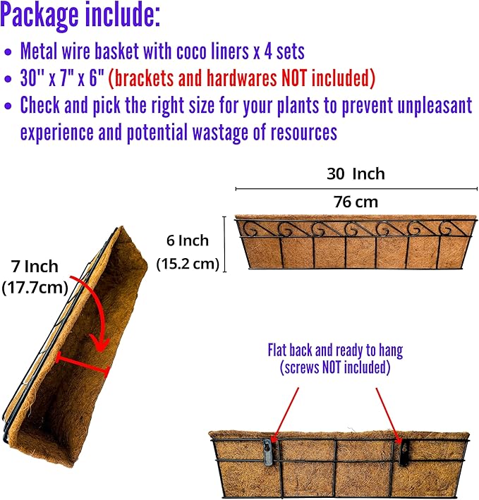 LaLaGreen Wall Mounted Planters - 30 Inch, 4 Pack Window Flower Boxes Basket Outdoor, Balcony Planter Over The Rail, Deck Railing Hanging with Coco Liners, Metal Horse Troughs Fence Patio Porch